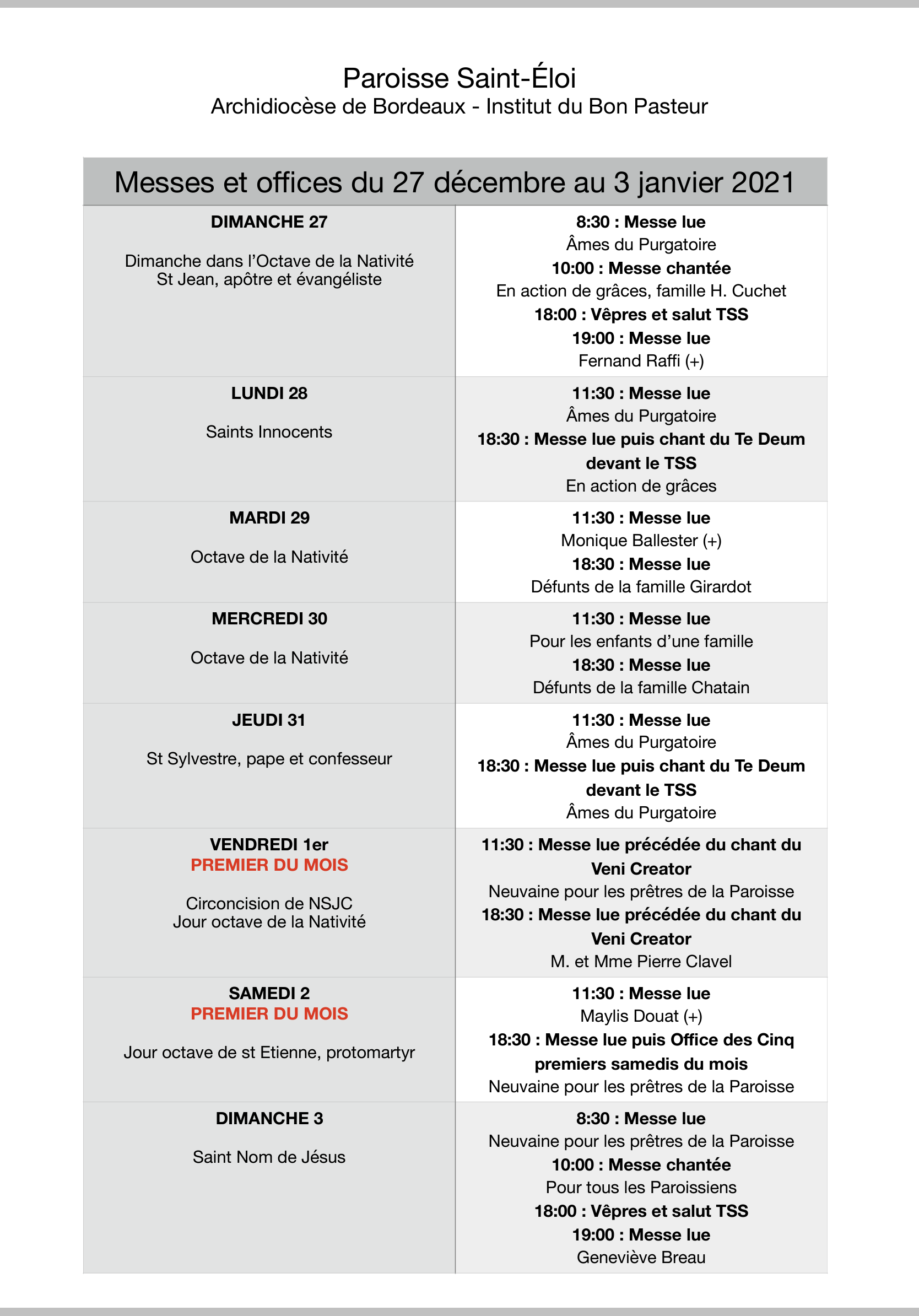 Horaires des messes et offices du 27 décembre au 3 janvier 2021 La